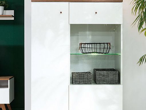 Heda Vitrína REG1D1W, Bílá/modřín sibiu zlatý/bílý lesk
