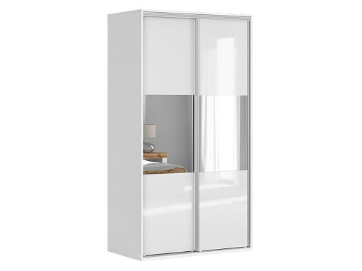 FLEX šatní skříň 120/10, bílá/bílý lesk/zrcadlo
