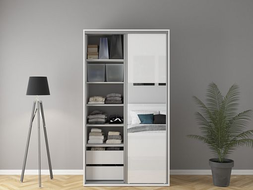 FLEX šatní skříň 120/10, bílá/bílý lesk/zrcadlo