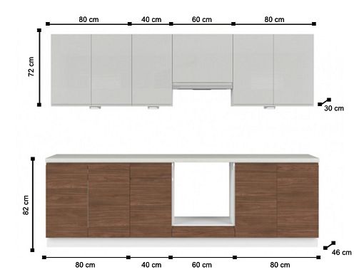 Kuchyň SOLE 260 cm, s vybavením, světle šedý lesk/ořech lincoln
